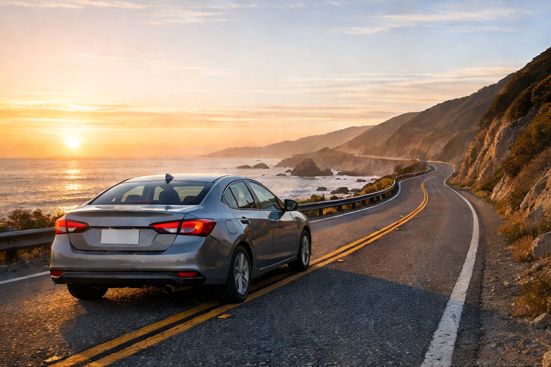 Car on a coastal road at sunset
