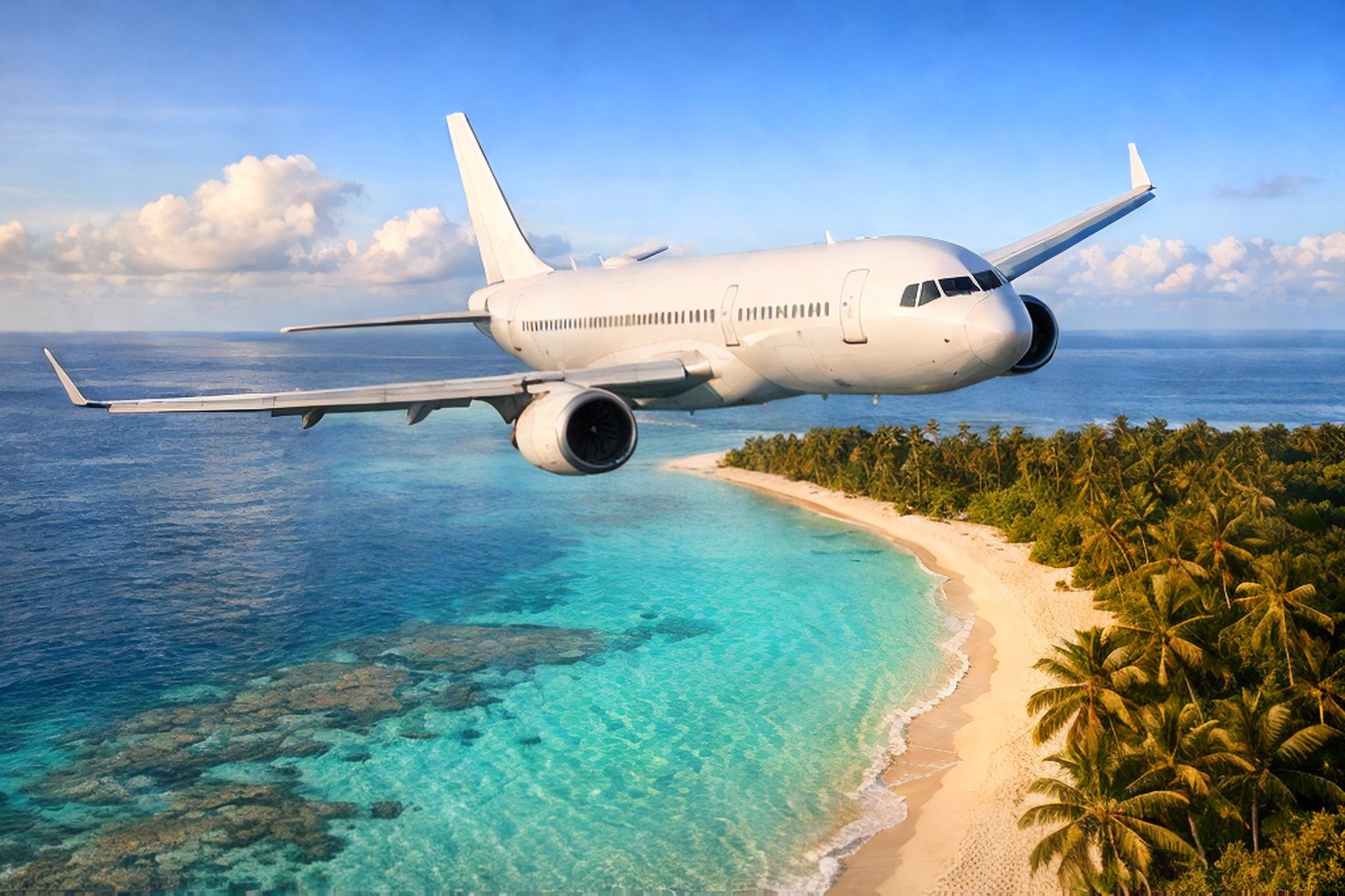 Passenger aircraft flying above a tropical coastline